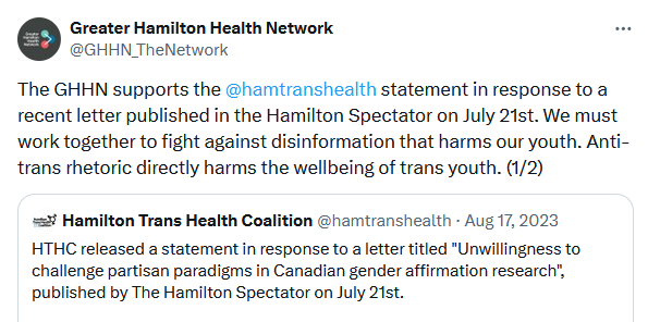 Image of a tweet by Greater Hamilton Health Network. Text of tweet is at link.